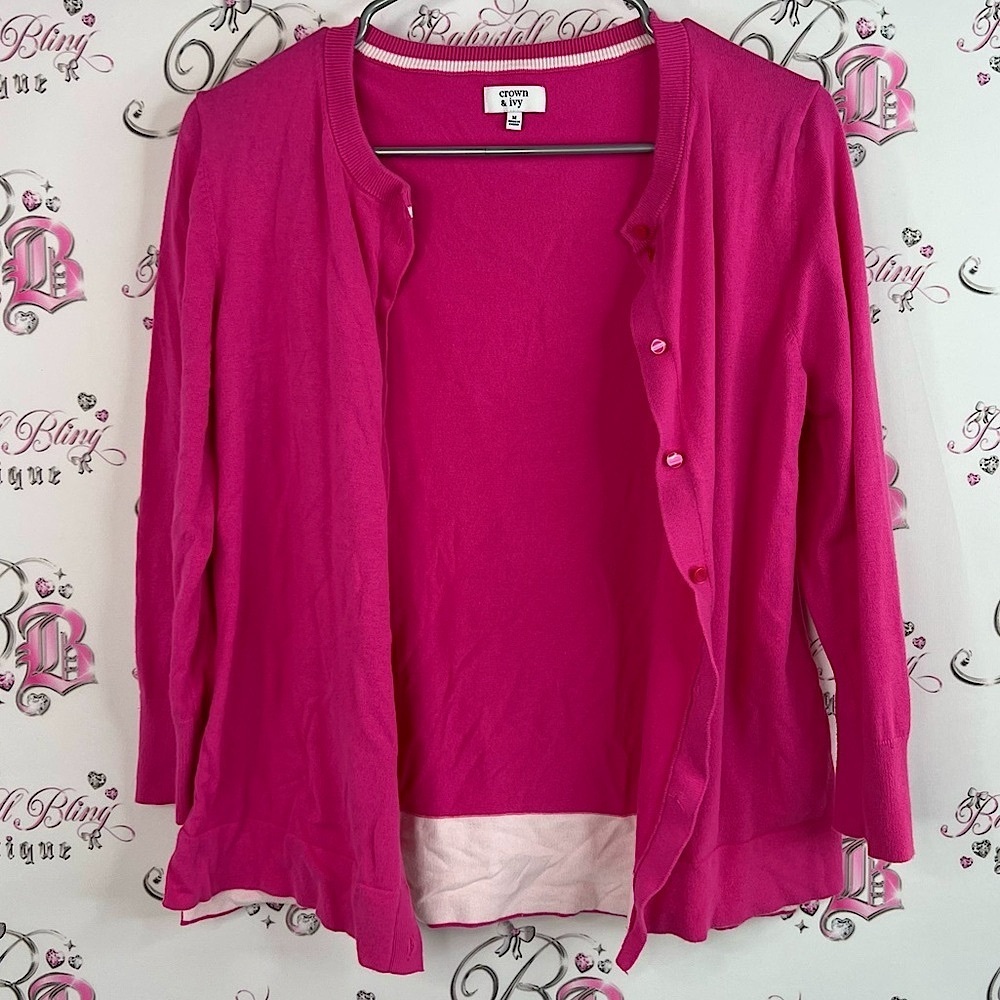 Crown & Ivy cardigan button up striped white Vibrant Pink Sweater
